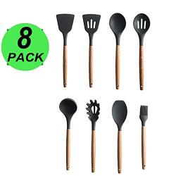 BBFZ 8 Piece Set of Silicone kitchenware - natural wooden handle - non-stick shovel spoon tool set spatula spoon black cooking silicone wooden handle kitchenware