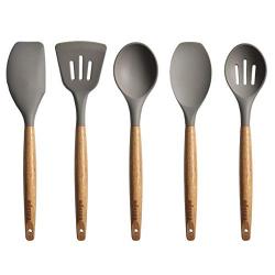 Idomeo Wooden Handle Silicone Kitchenware Non-stick Pan Shovel Colander Set Cookware Sets