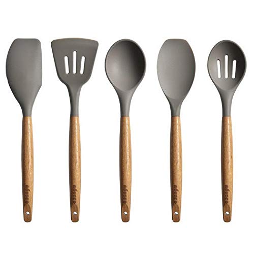 Idomeo Wooden Handle Silicone Kitchenware Non-stick Pan Shovel Colander Set Cookware Sets