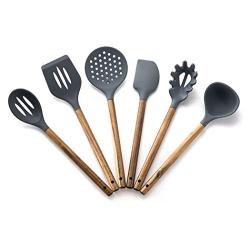 JunbosiKitchenware Silicone Kitchenware Cooking Spoon Shovel Spatula Colander Acacia Wood Shovel Wood Handle Silicone Kitchenware Set