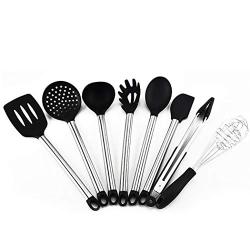 JunbosiKitchenware High Temperature Silicone Kitchenware 8 Piece Set Stainless Steel Handle Silicone Spatula Fishing Fence Food Clip Egg Beater
