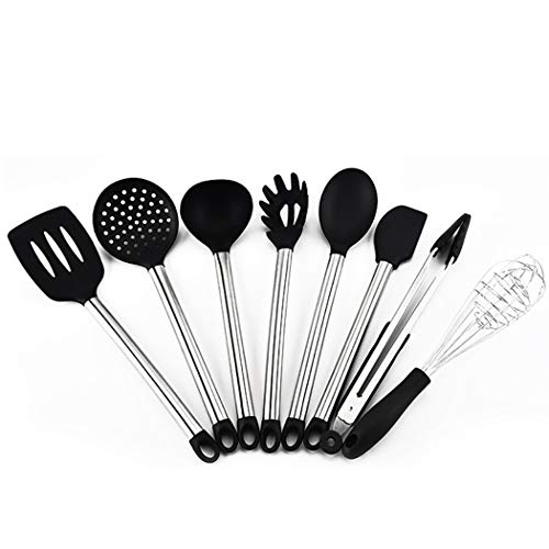 JunbosiKitchenware High Temperature Silicone Kitchenware 8 Piece Set Stainless Steel Handle Silicone Spatula Fishing Fence Food Clip Egg Beater