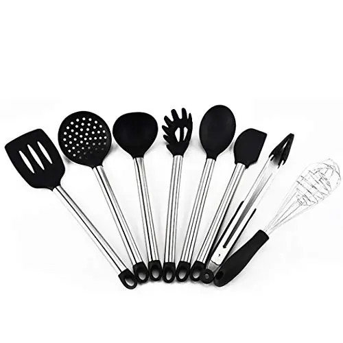 JunbosiKitchenware High Temperature Silicone Kitchenware 8 Piece Set Stainless Steel Handle Silicone Spatula Fishing Fence Food Clip Egg Beater