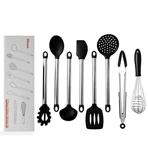 Stainless Steel Kitchenware, 8 Piece Set Of Silicone Cookware, High Temperature Resistant Nonstick, Pasta Spoon, Egg Beater, Spoon, Fishing Fence, Food Pliers, Shovel, Scraper, Spoon Filter