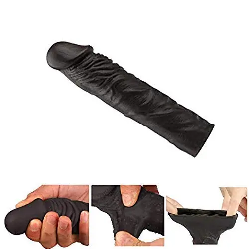 (Black) Privacy Packaging Silicone Penis Condom Expander Extended Male Chastity Toy Long Rooster Sleeve Dick Sock Reusable Condom