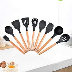 Silicone Kitchenware 9 Pieces of Gray Silicone and Wooden Kitchen Utensils Set Including Kitchen Bucket, Kitchenware