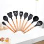 Silicone Kitchenware 9 Pieces of Gray Silicone and Wooden Kitchen Utensils Set Including Kitchen Bucket, Kitchenware