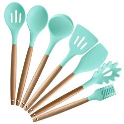 SHUHAO Silicone Cookware Set, 7 Non-Stick Heat-Resistant Silicone Kitchenware, Wooden Handles, Best Kitchen Tool Gadgets, Suitable for Cooking