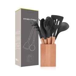 elegantstunning Wood Handle Silicone Kitchenware Set Cooking Tools for Non-Stick Pan Wooden Set of Eight