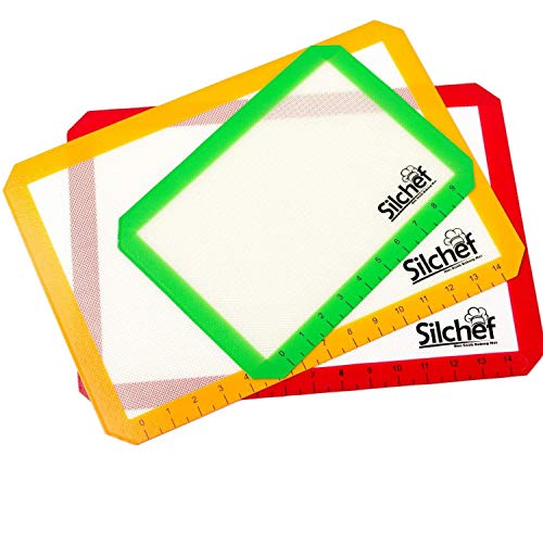 Silicone Baking Mats - Set of 3 - Baking Mats Non Stick Silicone BPA Free with Measurements - 2 Half Sheet Baking Liners and 1 Quarter Sheet Pan Silicone Mat by Silchef