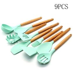Silicone Kitchenware Set, 9 Pieces of Wooden Handle Cooking Tools, BPA-Free Silicone Spatula Spoon, Kitchen Utensils, Non-Stick Cookware Cutlery Set