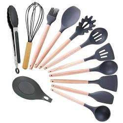 Silicone Kitchen Utensils, Silicone Wooden Handle 12 Sets of Non-Stick Heat-Resistant Kitchenware Set with Measuring Spoons and More Kitchen Gadgets