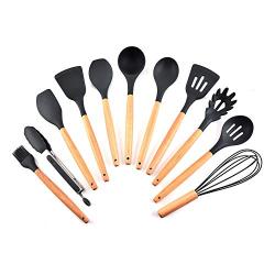 KINHOO 11PCS Silicone Wooden Handle Kitchenware Set, High Temperature Resistance Household Cooking Tool Sets