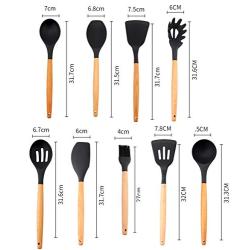 Silicone Kitchenware Set 9 Piece Set of Wooden Handle Non-Stick Shovel Spoon Cooking Gadgets Silicone Spatula Soup Spoon Fried Shovel