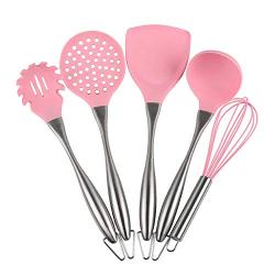 Silicone kitchenware 6-piece Silicone Kitchen Utensils Cooking Kit For Non-stick Cookware Including Pasta Server Eggbeater And Other Easy To Clean Kitchenware Set (Color : Pink, Size : 6 Piece Set)