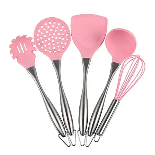 Silicone kitchenware 6-piece Silicone Kitchen Utensils Cooking Kit For Non-stick Cookware Including Pasta Server Eggbeater And Other Easy To Clean Kitchenware Set (Color : Pink, Size : 6 Piece Set)