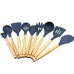 Silicone Kitchenware Set 9 Piece Set Of Wooden Handle Silicone Cookware, Non-Stick Pan Silicone Shovel Food Grade Silicone Kitchen Spoon Colander