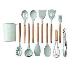 DishyKooker 11Pcs/Set Light Green Color Silicone Kitchenware Set with Wooden Handle 12.5x12.5x33.5cm