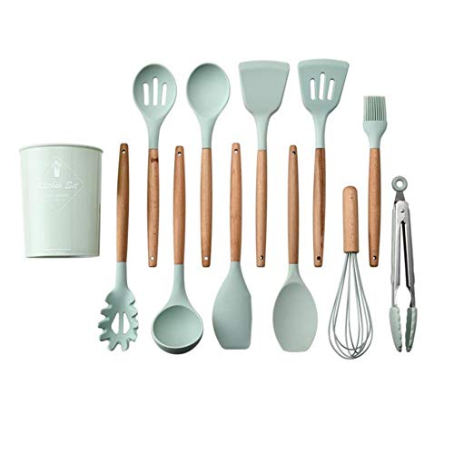 QuTess Light Green Color Silicone Kitchenware Set with Wooden Handle 11Pcs/Set