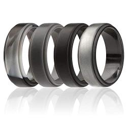 ROQ Silicone Wedding Ring for Men, 4 Packs & Singles Silicone Rubber Wedding Bands - Step Edge Sleek Design - Metallic, Black and Camo Colors