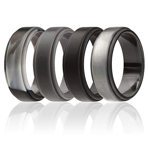 ROQ Silicone Wedding Ring for Men, 4 Packs & Singles Silicone Rubber Wedding Bands - Step Edge Sleek Design - Metallic, Black and Camo Colors