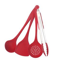 JunbosiMulti-Color Red Blue Green Four-Piece Silicone Kitchenware Set Soup Spoon Shovel Food Clip Kitchen Tool,Red
