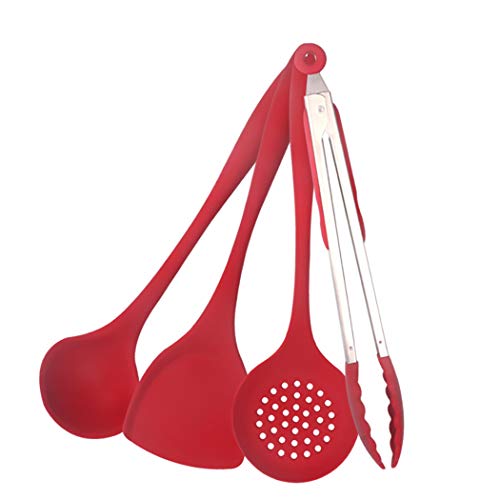 JunbosiMulti-Color Red Blue Green Four-Piece Silicone Kitchenware Set Soup Spoon Shovel Food Clip Kitchen Tool,Red