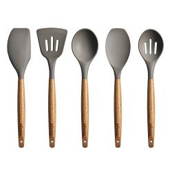 Miusco 5 Piece Silicone Cooking Utensil Set with Natural Acacia Hard Wood Handle