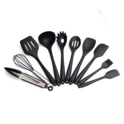 Silicone Kitchenware 10 Piece Set Non-stick pan, cooking spatula, rice spoon, soup spoon, colander tool, kitchen baking high temperature (10, Black)