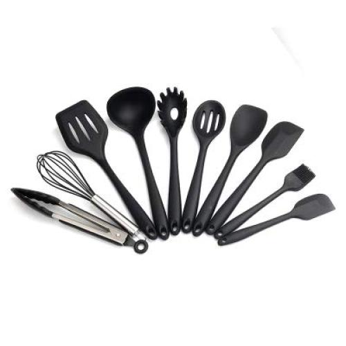 Silicone Kitchenware 10 Piece Set Non-stick pan, cooking spatula, rice spoon, soup spoon, colander tool, kitchen baking high temperature (10, Black)