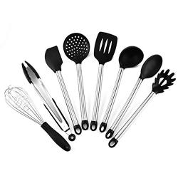 JunbosiKitchenware 8 Piece Set of Stainless Steel Handle Silicone Kitchenware Egg Beater Pasta Spoon Nonstick Spatula Tool