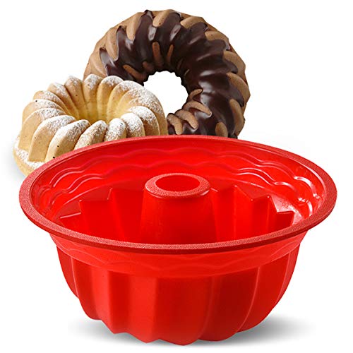 Aokinle Silicone Baking Molds, European Grade Fluted Round Cake Pan, Non-Stick Cake Pan for Jello, Mousse,Cake,Gelatin,Bread, 9.45 Inches Tube Bakeware Red