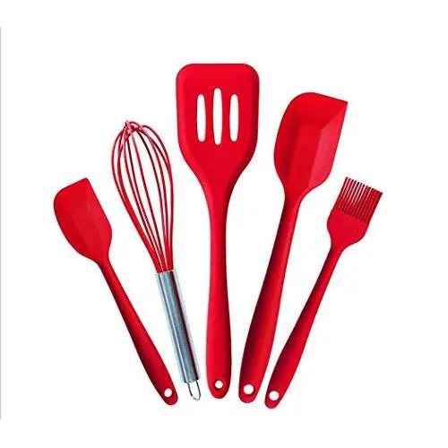 Silicone Kitchenware 5 Piece Set Baking Tools Silicone Egg Beater/Scraper,Red