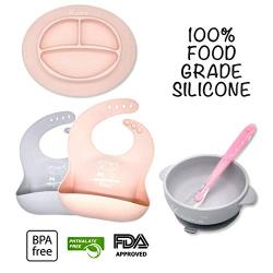 Kcuina 6 Piece Baby Feeding Set- Includes 2 Silicone Bibs, 1 Strong Suction Divided Plate, 1 Strong Suction Bowl & 2 Soft Spoon Set- Food Grade & FDA Approved Silicone (Pink/Gray)?