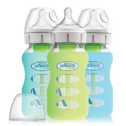 Dr. Browns Options+ Wide-Neck Glass Baby Bottles in Silicone Sleeve, Mint/Green/Blue, 9 Ounce, 3 Count