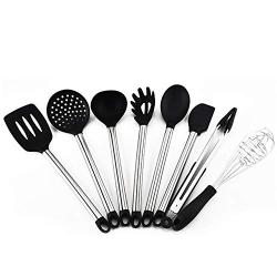 Oddalsail-US 8PCS/Set Food Grade Silicone Stainless Steel Handle Cooking Utensils Cookware Kitchen Cooking Tools Spatula Ladle Kitchenware Black & Silver Cookware Set