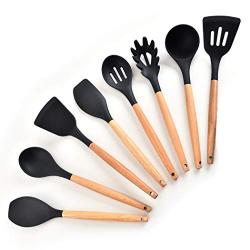 JunbosiKitchenware Wooden Handle Silicone Kitchenware Set of 8 Non-Stick Pan Silicone Shovel Spatula Kitchen Tool Silicone Cooking