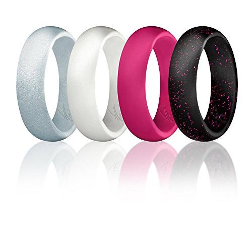 ROQ Silicone Wedding Ring for Women, Affordable Silicone Rubber Wedding Bands, 7 Packs, 4 Pack & Singles - Glitters & Metallic - Rose Gold, Silver, Pink, Black, Blue