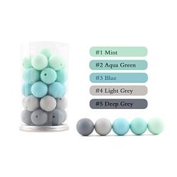 HAO JIE Baby Silicone Teething Beads 15MM 50pcs BPA Free Food Grade Teething Beads Green and Grey Series DIY Jewelry Chewable Nursing Necklace Accessories