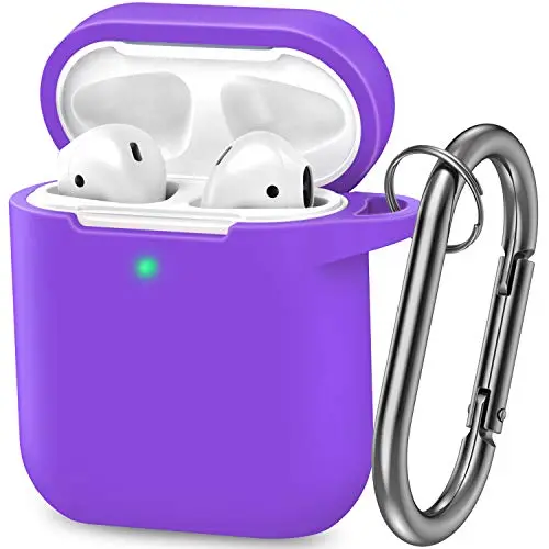 AirPods Case, Silicone Cover with U Shape Carabiner,360°Protective,Dust-Proof,Super Skin Silicone Compatible with Apple AirPods 1st/2nd (Purple)