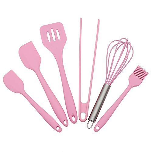 firlar 6pcs Silicone Baking Utensils Set, Pink Silicone Egg Beater Spoon Clip Spatula Oil Brush Kitchenware Hand Whisk Mixer Cookware Set