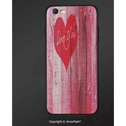 Printing Compatible with Apple iPhone 6/iPhone 6S,4.7",Anti-Scratch Back,Love Decor,Love You Heart on Grunge Style Rustic Wooden Background Valentines Day Retro Artsy Print,Red Pink