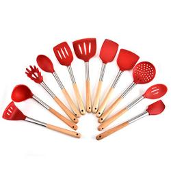 JunbosiKitchenware Silicone Kitchenware 11 Piece Set Wooden Handle Nonstick Cookware Shovel Spoon More Presser Potato Spaghetti Claw,Red