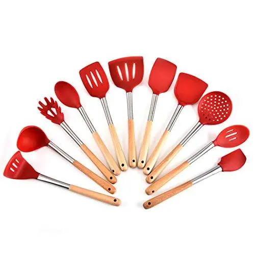 JunbosiKitchenware Silicone Kitchenware 11 Piece Set Wooden Handle Nonstick Cookware Shovel Spoon More Presser Potato Spaghetti Claw,Red