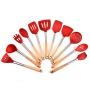 JunbosiKitchenware Silicone Kitchenware 11 Piece Set Wooden Handle Nonstick Cookware Shovel Spoon More Presser Potato Spaghetti Claw,Red
