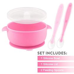 Best Baby Suction Silicone Bowl Set Includes Soft Silicone Spoon + Lid BPA Free (Pink Bowl)