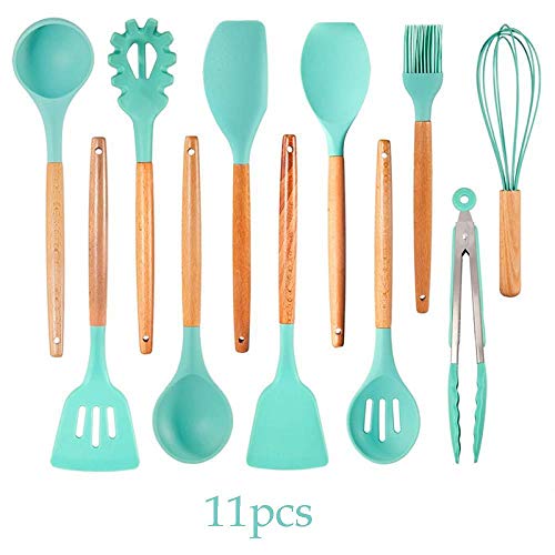 9 Pieces of Silicone Kitchenware, Non-Stick Pan and Scratch-Resistant, Storage Tube With Wooden Handle Silicone Kitchenware Set, 11pcs