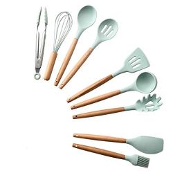 HS-ZGC Fresh Blue Silicone Kitchenware Set Japanese Style Wooden Storage Tube Kitchen Utensils 9 Piece Set Spatula Soup Spoon Set,Ninesets