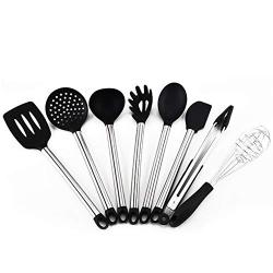 Carriemeow High Temperature Silicone Kitchenware 8 Piece Suit Stainless Steel Tube Handle Silicone Spatula Fishing Clip Food Eggbeater Scraper (Color : Black)