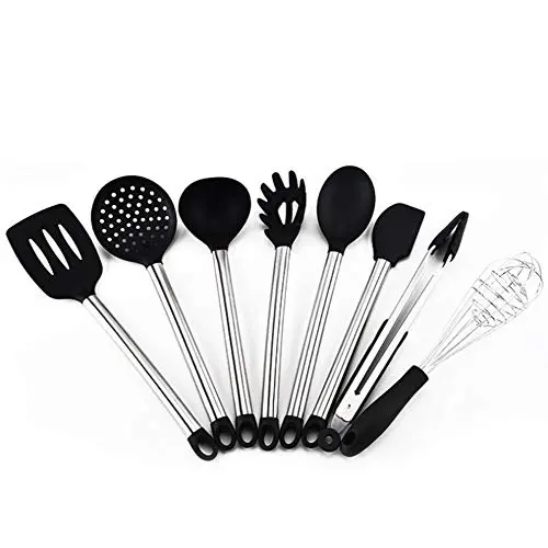 XIAMEND High Temperature Silicone Kitchenware Suit Stainless Steel Tube Handle Silicone Spatula Fishing Clip Food Eggbeater Scraper 8 Piece (Color : Black)